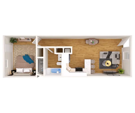 Modern floor plan showcasing a cozy one-bedroom apartment with an open-concept living area, sleek kitchen, and stylish dining space.