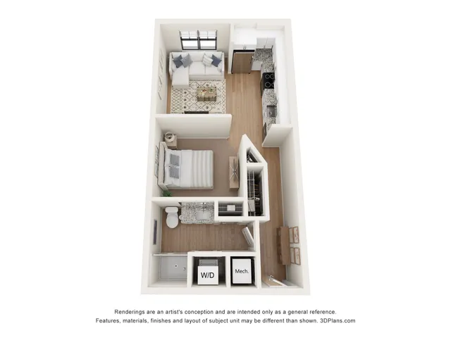 Modern 3D floor plan featuring a cozy 1-bedroom apartment with open kitchen, spacious living area, in-unit washer/dryer, and ample natural light.