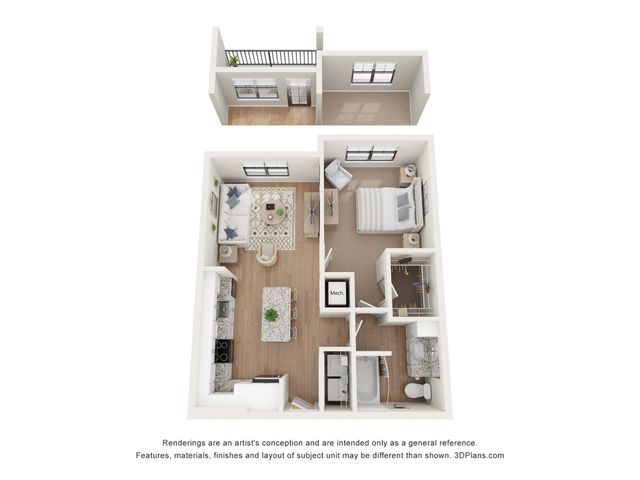 Modern 3D floor plan showcasing a stylish one-bedroom apartment with an open-concept living area, kitchen island, and private balcony.