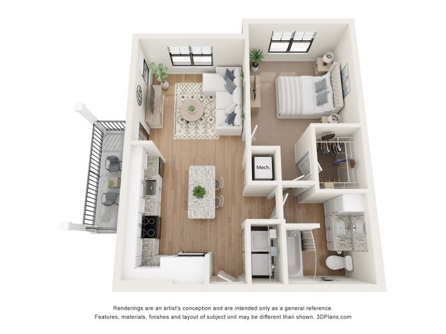 Modern 3D floor plan showcases a spacious one-bedroom apartment with an open-concept living area, stylish kitchen, and private balcony.
