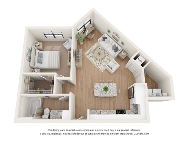 Contemporary 3D floor plan showcasing a cozy one-bedroom apartment with open-concept living and dining area, modern kitchen with island, and elegant bathroom.