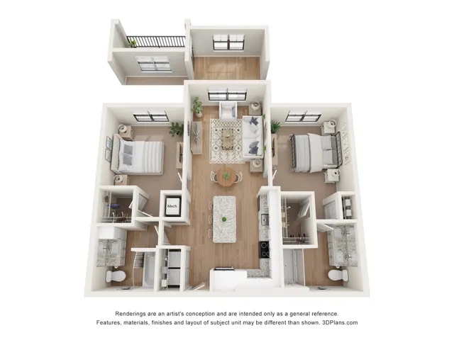 Modern 3D floor plan featuring two spacious bedrooms, a cozy living area, stylish kitchen, and two bathrooms, with a balcony for added charm.