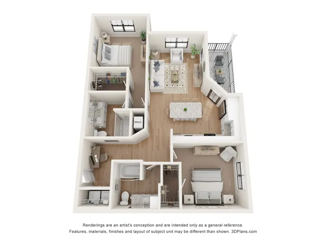 Modern 3D floor plan showcasing two bedrooms, two bathrooms, a cozy open-concept living area, and a stylish kitchen with an island, complete with a private balcony for relaxation.
