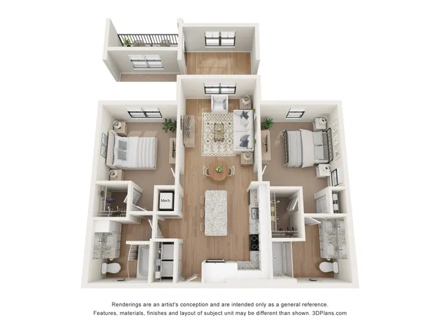 Modern 3D floor plan featuring 2 spacious bedrooms, a cozy living room, open kitchen, and dual bathrooms. Includes a private balcony, offering an inviting and stylish living space.