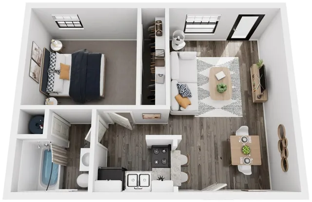 Modern 3D floor plan showcasing a cozy 1-bedroom apartment with an open living room, sleek kitchen, and stylish bathroom.