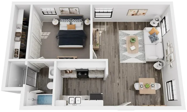 Chic 3D floor plan showcasing a cozy one-bedroom apartment with modern kitchen, spacious living area, and stylish bathroom.