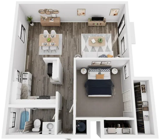 Contemporary 3D floor plan showcasing a cozy one-bedroom layout with an open-concept living and dining area, modern kitchen, and sleek bathroom.