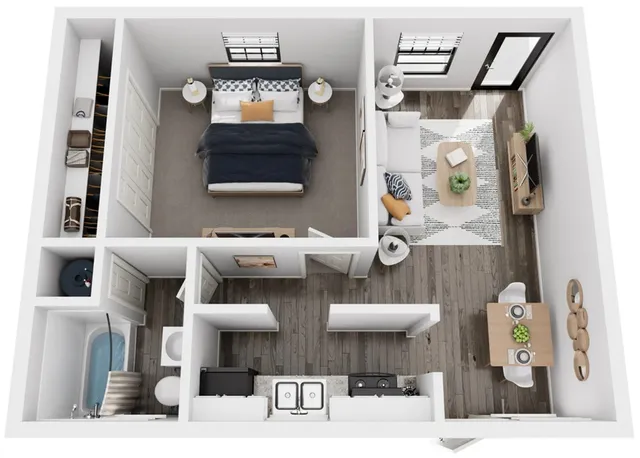 Chic floor plan showcasing a cozy one-bedroom apartment with a modern living area, stylish kitchen, and elegant bathroom, perfect for urban living.