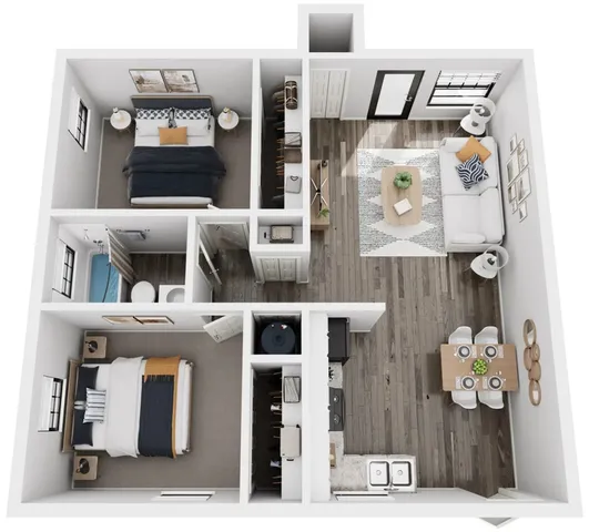Chic 2D floor plan showcasing two bedrooms, a stylish open-concept living area, modern kitchen, and cozy dining space.