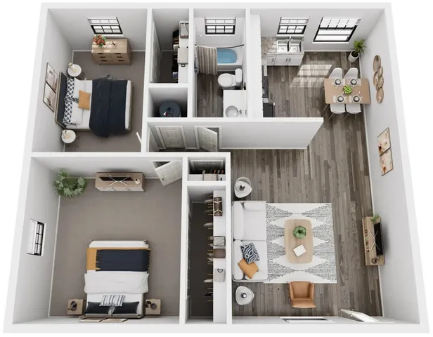 Modern 3D floor plan featuring two spacious bedrooms, a cozy living area, sleek kitchen, and elegant dining space.