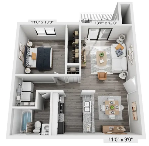 Contemporary 3D floor plan featuring a spacious 1-bedroom apartment with an open-concept living and dining area, modern kitchen, and cozy balcony.