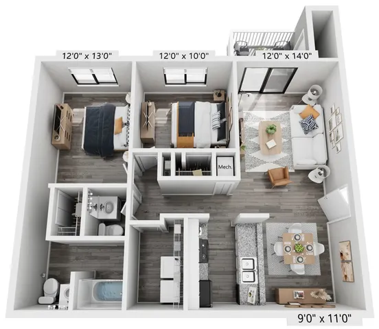 Modern 2D floor plan showcasing two comfortable bedrooms, a cozy living room with balcony access, a sleek kitchen with dining area, and a stylish bathroom with bathtub.