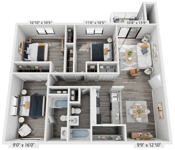 Modern 3D floor plan showcasing a spacious 3-bedroom apartment with an inviting living area, contemporary kitchen, and cozy balcony.