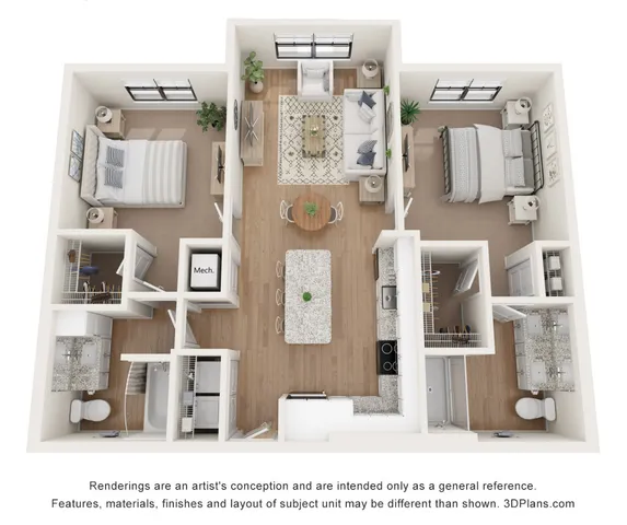 Elegant 3D floor plan featuring 2 spacious bedrooms, open-concept living area, modern kitchen, and stylish bathrooms with walk-in closets.