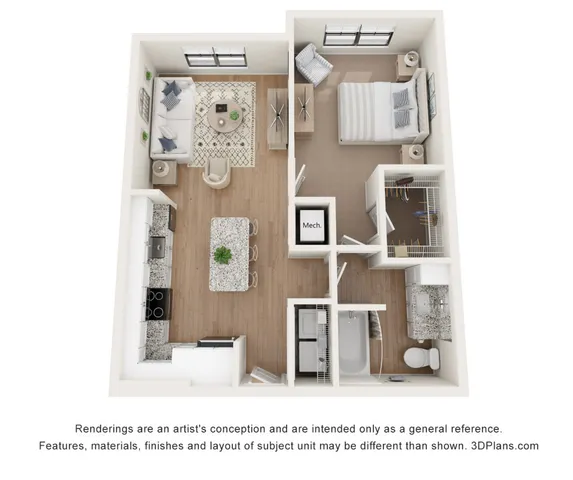 Charming open-concept one-bedroom floor plan featuring a cozy living room, modern kitchen with island seating, and spacious bathroom.