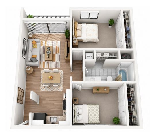This inviting floor plan features an open living and dining area that flows seamlessly into the kitchen, creating the perfect setup for entertaining or relaxing at home.