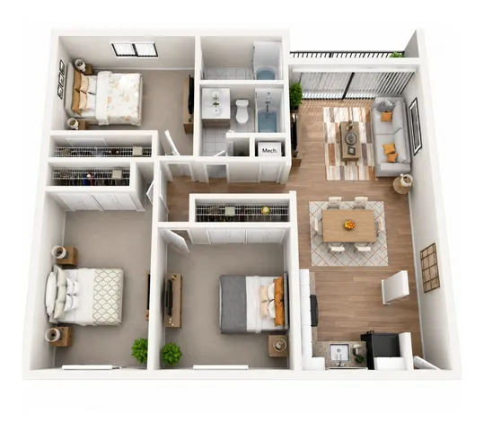Charming 3D floor plan showcasing 3 cozy bedrooms, a modern open-concept living area, and a stylish kitchen. Features a bright dining space with easy access to a spacious living room.