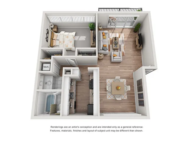 Modern 3D apartment layout with one bedroom, cozy living room, elegant kitchen, and stylish dining area, featuring wood flooring and natural light.