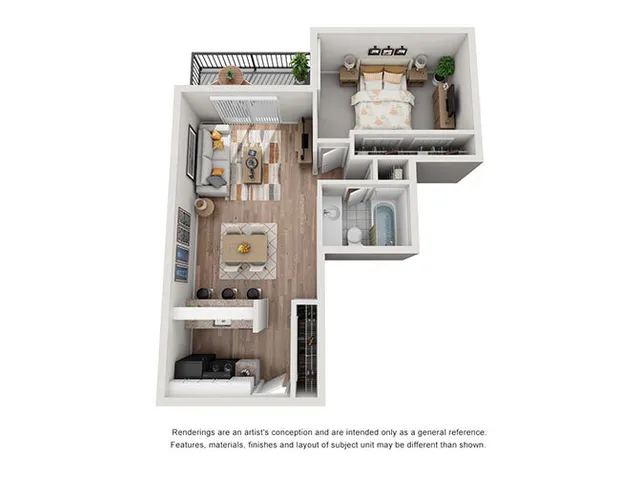 Modern 3D floor plan showcasing a stylish one-bedroom apartment with a cozy living area, elegant kitchen, and a private balcony.