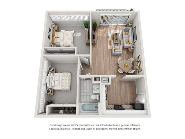Chic 3D floor plan featuring 2 cozy bedrooms, a modern living room, and a compact kitchen with stylish wood flooring.