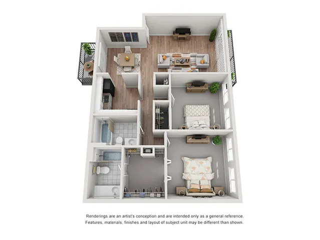 Modern 3D floor plan showcasing two cozy bedrooms, a chic living space, and a contemporary kitchen with stylish balcony views.