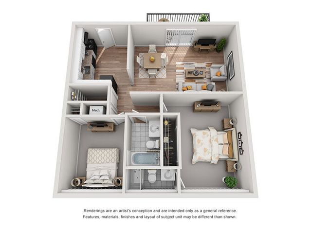 Modern 2D floor plan showcasing 2 cozy bedrooms, a chic living area, and a contemporary kitchen with balcony access.