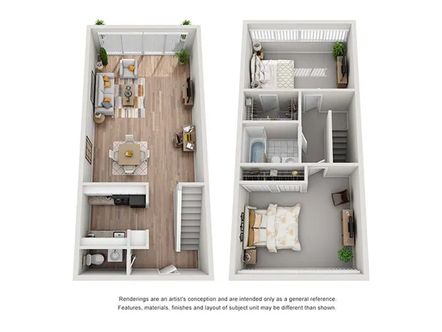Contemporary 2D floor plan showcasing an elegant two-story apartment with an open-concept living and dining area, modern kitchen, two cozy bedrooms, and stylish bathrooms.