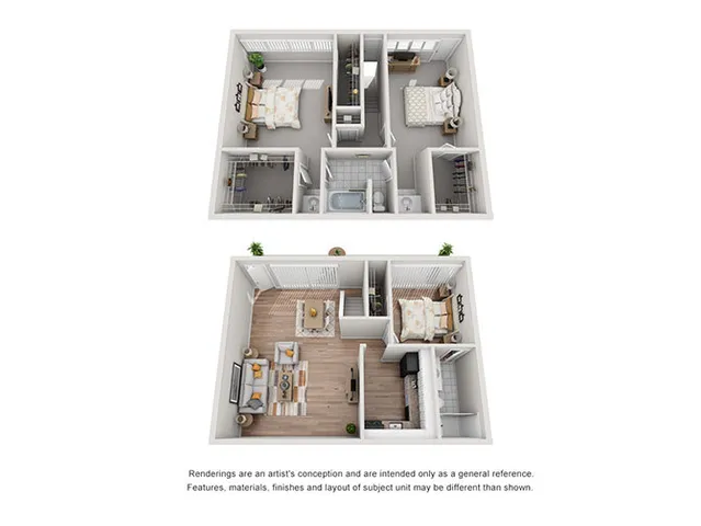 Charming 2-bedroom 3D floor plan showcasing a cozy living room, modern kitchen, and well-appointed bathroom.
