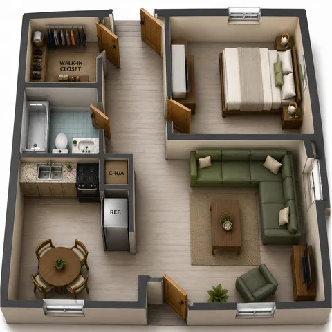 Charming 1-bedroom apartment floor plan with a spacious living area, cozy kitchen, elegant dining space, and a luxurious walk-in closet.