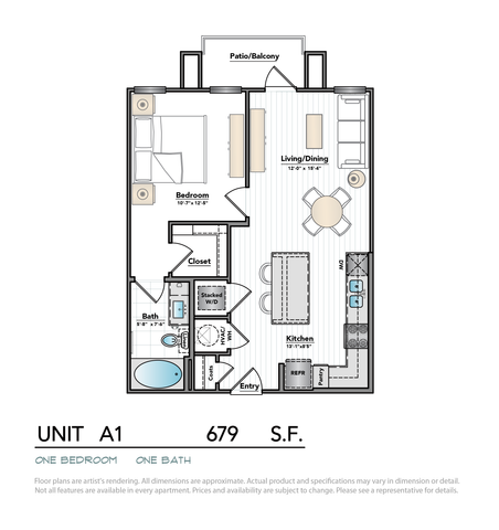 Elegant floor plan showcasing a cozy one-bedroom apartment with an inviting living/dining area, modern kitchen, and a private patio/balcony.