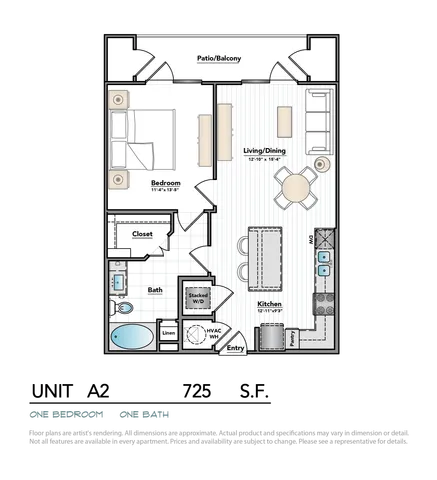 Elegant one-bedroom, one-bath floor plan featuring an open living/dining area, a modern kitchen, and a spacious patio/balcony.