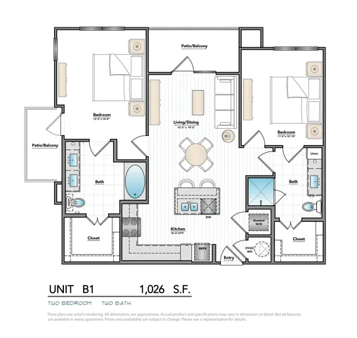 Modern 2-bedroom, 2-bathroom floor plan featuring an open kitchen, spacious living/dining area, and dual patio/balconies.