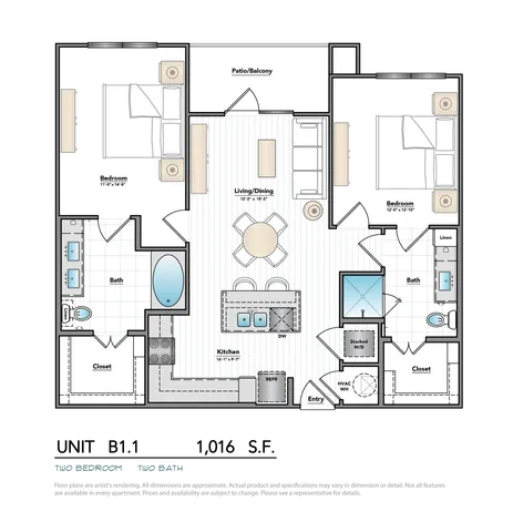 Elegant apartment floor plan featuring 2 spacious bedrooms, 2 modern baths, open-concept living and dining area, and a stylish kitchen. Includes a balcony for outdoor relaxation.