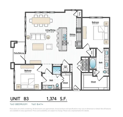 Elegant floor plan showcasing two spacious bedrooms, dual bathrooms, an open-concept living and dining area, modern kitchen, and a cozy patio/balcony.