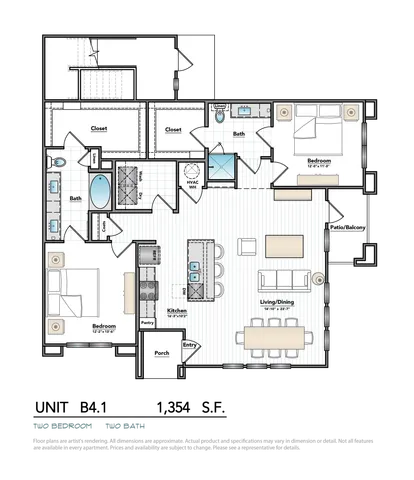 Modern 2-bedroom, 2-bath floor plan featuring an open-concept kitchen and living area, with spacious bedrooms and a private patio.