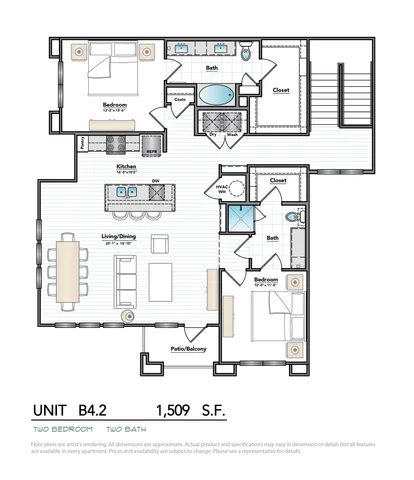 Chic 2-bedroom, 2-bath floor plan featuring a generous open-concept living and dining area, modern kitchen with island, and inviting patio/balcony.