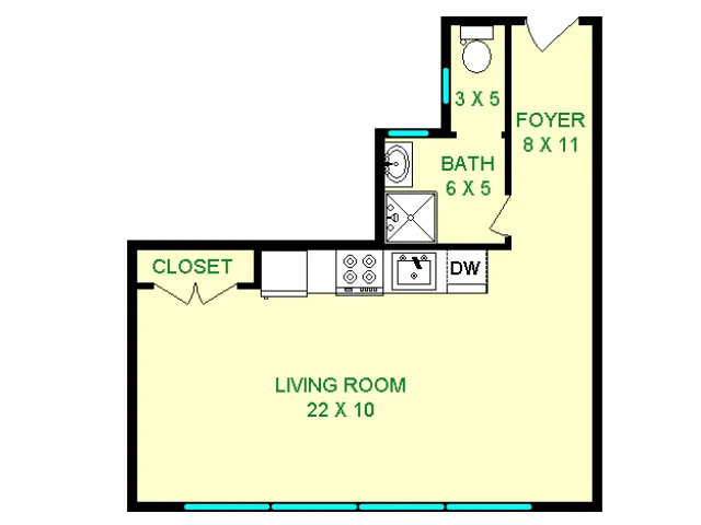 Floor plan of Century unit, roughly 375 square feet. Living area and kitchenette, and bathroom.