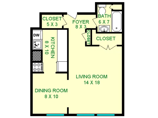 Floor plan of Cord unit, roughly 520 square feet. Living room with large closet, dining room and full kitchen. Full bathroom off of the foyer.