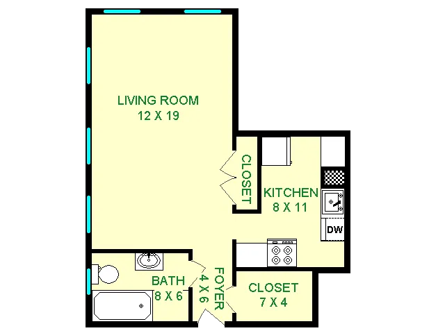 Floor plan of Dolomite unit, roughly 420 square feet. Living room, with full bathroom and full kitchen.