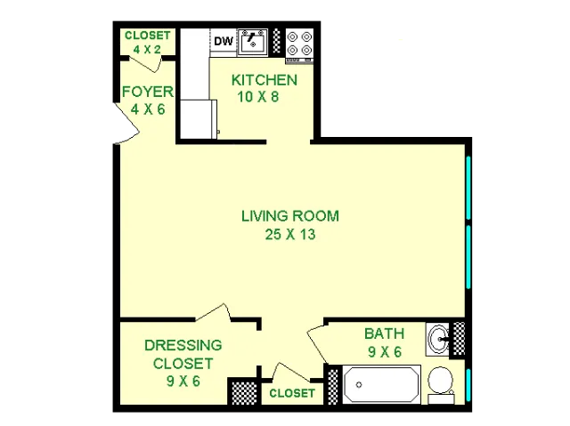 Floor plan of Olympia unit, roughly 570 square feet. Featuring living room, dressing closet, full kitchen, and full bathroom.