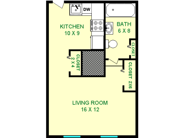 Floor plan of Opel unit, roughly 385 square feet. Featuring living room, kitchen, and bathroom.