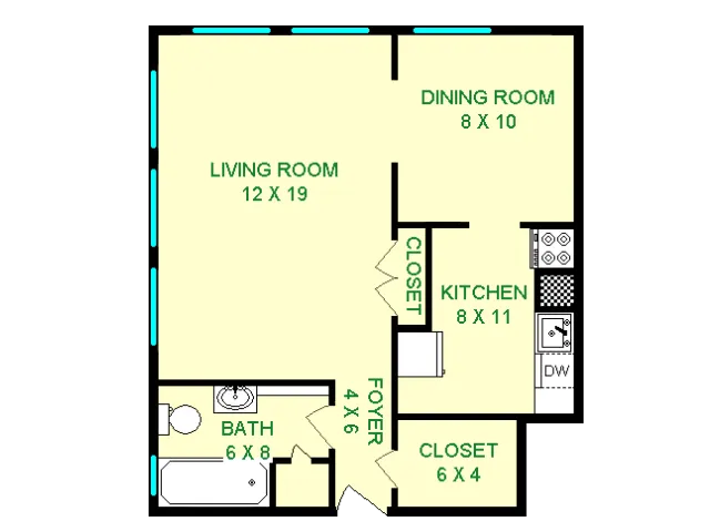 Floor plan of Packard unit, roughly 500 square feet. Features living room, dining room, full kitchen, full bathroom, and large foyer closet.