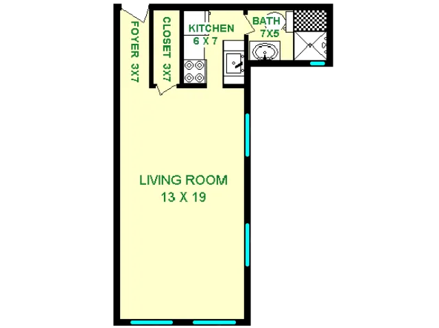 Floor plan of Scarab unit, roughly 345 square feet. Featuring living room, closet, kitchenette, and bathroom.