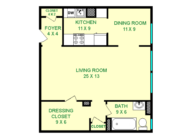 Floor plan of Victoria unit, roughly 660 square feet. Featuring living room, dining room, kitchen, dressing closet, and bathroom.