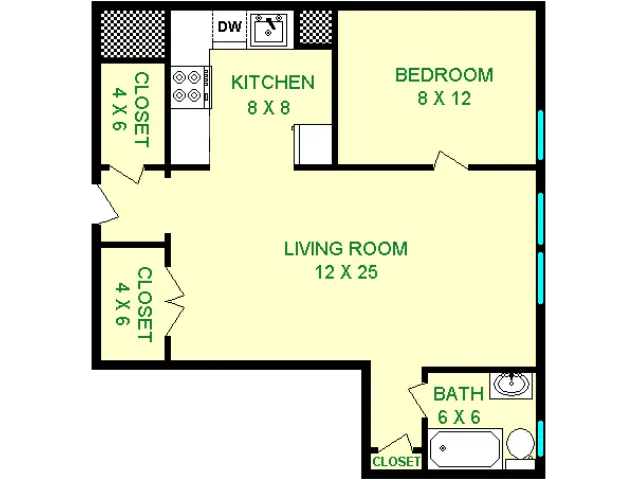 Floor plan of Essex unit, roughly 570 square feet. Featuring living room, kitchen, bedroom, and bathroom.