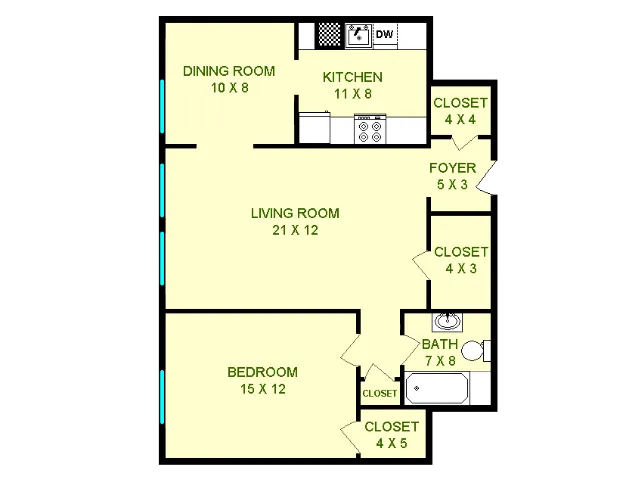 Floor plan of Stanley, roughly 770 square feet. Featuring living room, dining room, kitchen, bedroom, and bathroom.
