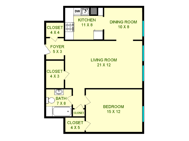 Floor plan of Tucker unit, roughly 770 square feet. Featuring living room, dining room, kitchen, bedroom, and bathroom.