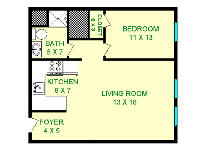 Floor plan of Voisin unit, roughly 570 square feet. Featuring living room, kitchen, bedroom, and bathroom.
