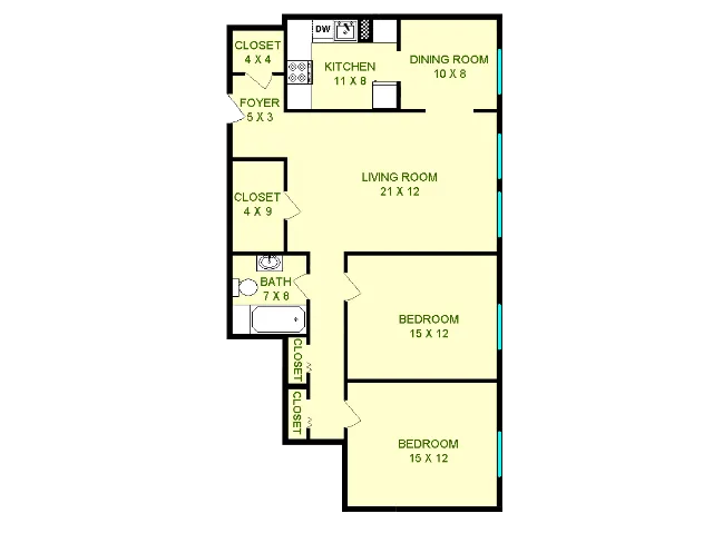 Floor plan of Austin unit, roughly 970 square feet. Featuring living room, dining room, kitchen, two bedrooms, and bathroom.
