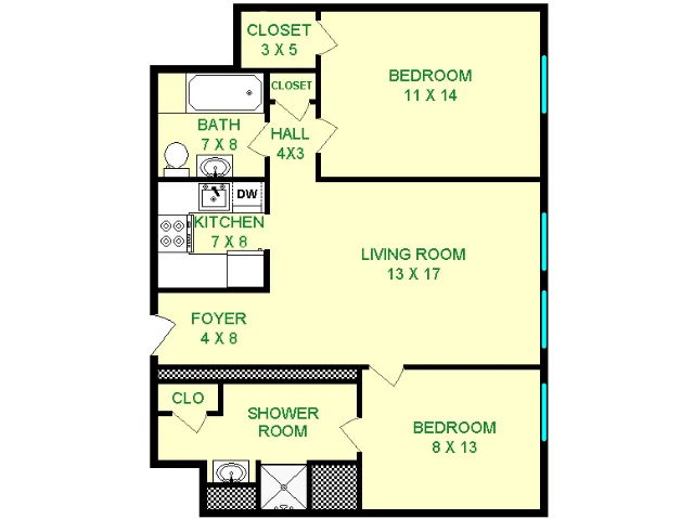 Floor plan of Phaeton unit, roughly 685 square feet. Featuring living room, kitchen, two bedrooms, and bathroom.